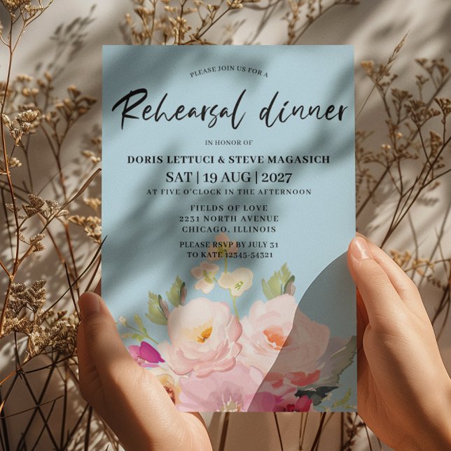 Invitación Cena de Ensayos Florales Azules Rosa de Rubor (Subido por el creador)