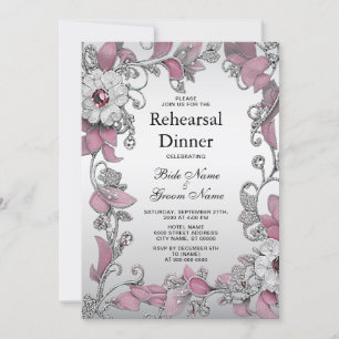 Invitación Cena de Ensayos Florales Blancas de Plata Rosa