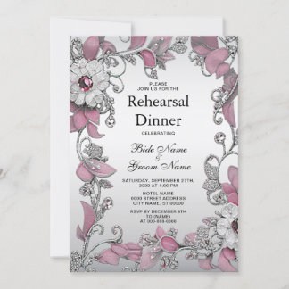 Invitación Cena de Ensayos Florales Blancas de Plata Rosa