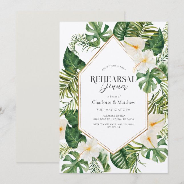 Invitación Cena de Ensayos Florales de Antrurio Blanco e Hibi (Anverso / Reverso)