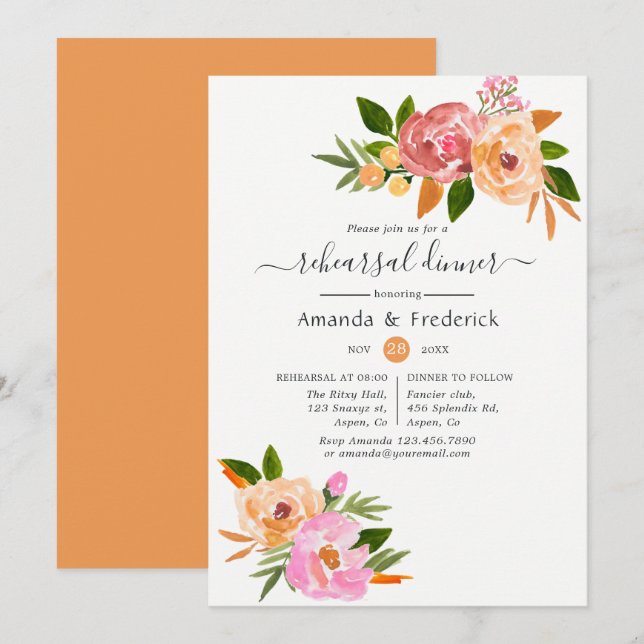 Invitación Cena de Ensayos Florales de Boda Primaria (Anverso / Reverso)