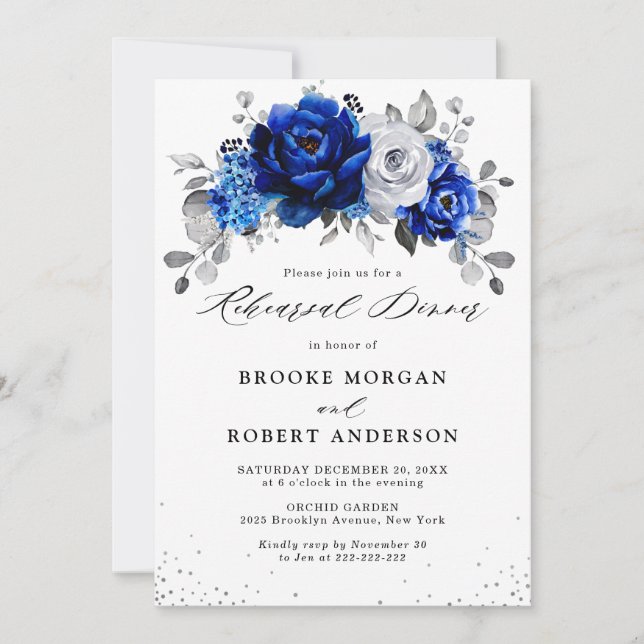 Invitación Cena de Ensayos Florales de Plata Blanca Azul Real (Anverso)