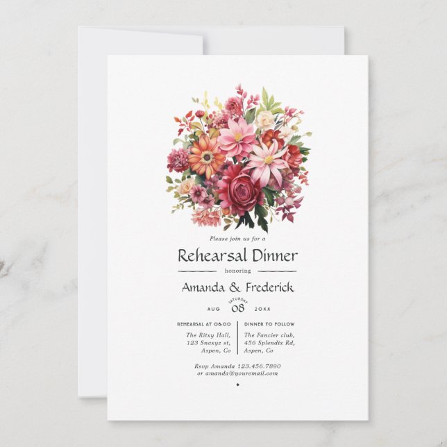 Invitación Cena de Ensayos Florales Rojo, Rosa y Verde (Anverso)