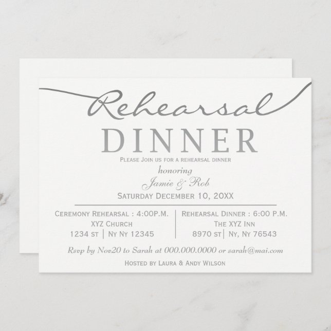 Invitación Cena de estilo elegante blanco y plateado (Anverso / Reverso)
