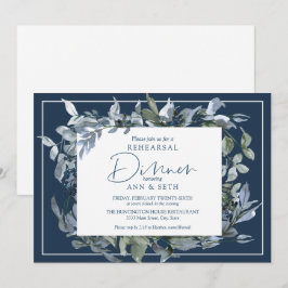 Invitación Cena de estilo elegante, corona floral azul oscuro