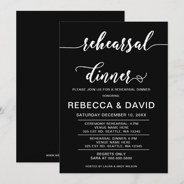Invitación Cena de estilo elegante negro y blanco (Anverso / Reverso)