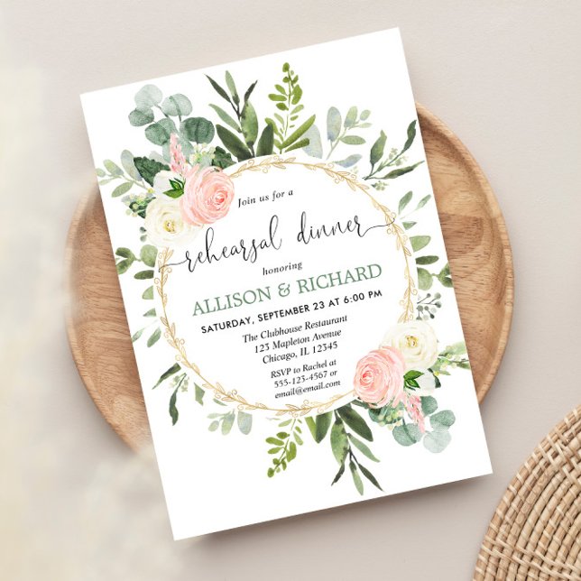 Invitación Cena de eucalipto de oro rosa verde (Subido por el creador)