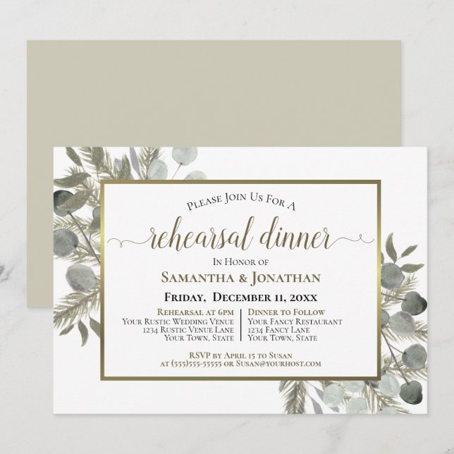 Invitación Cena de eucalipto y Boda de pino rústico (Anverso / Reverso)