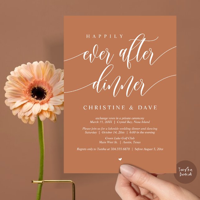 Invitación Cena de Evasión Happily Ever After, Cobre Oxidado (Happily Ever After Dinner Invitation Card, PDF, Modern Calligraphy Script, in Copper Rust)