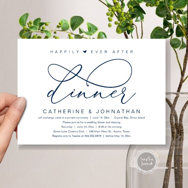 Invitación Cena de feliz para siempre después, fiesta románti (Happily Ever After Dinner Party, Modern Romantic Wedding  Invitation Card, PDF, Classy Navy Blue)