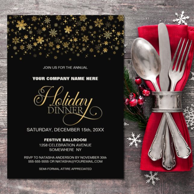 Invitación Cena de festividades Black Corporate Gold Snowflak (Subido por el creador)
