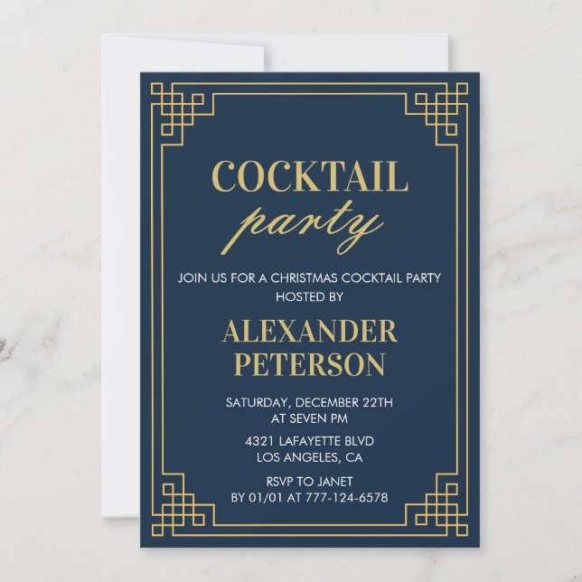 Invitación Cena de fiesta de cóctel de Navidad Navy Gold (Anverso)