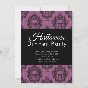 Invitación Cena de fiesta de Halloween de cráneos púrpura y n