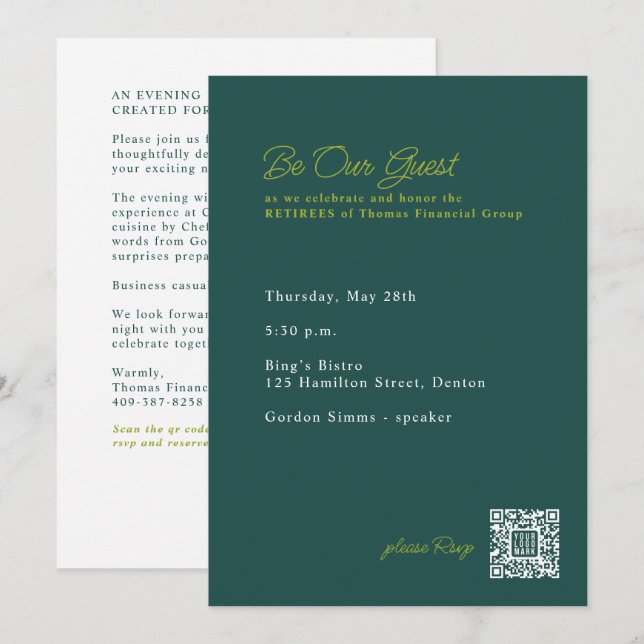 Invitación Cena de fiesta de jubilación con código QR (Anverso / Reverso)