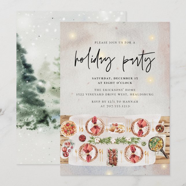 Invitación Cena de fiesta navideña navidad acuarela moderna (Anverso / Reverso)