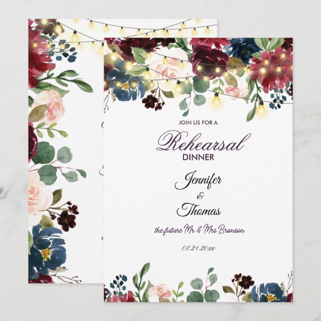 Invitación Cena de flores inglesas borgoñas y azules (Anverso / Reverso)