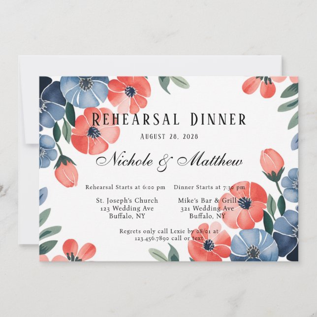 Invitación Cena de flores pintadas de azul y coral (Anverso)