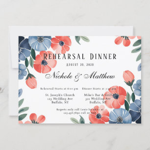 Invitación Cena de flores pintadas de azul y coral