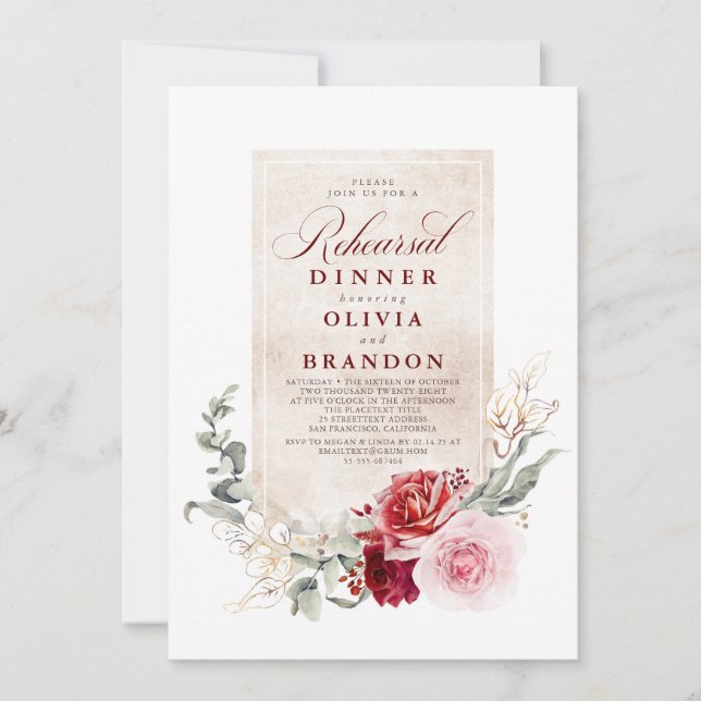 Invitación Cena de flores rojas y rosas de Borgoña (Anverso)