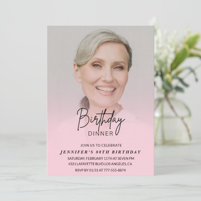 Invitación Cena de foto rosa elegante 88 cumpleaños  (Anverso de pie)