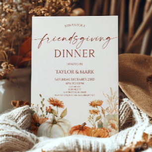 Invitación Cena de Friendsgiving de calabaza floral rústica e