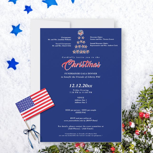 Invitación Cena de gala de Navidades azules para recaudar fon (Blue Christmas political fundraiser gala invitation on snowy background with star tree)