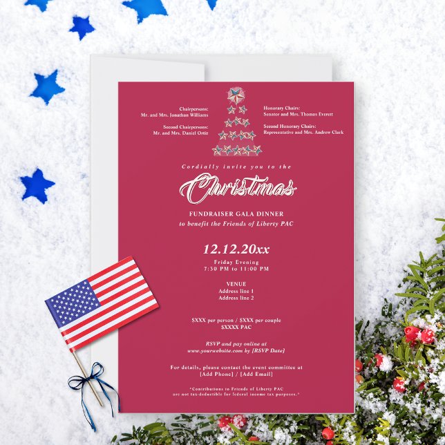 Invitación Cena de gala de Navidades rojos para recaudar fond (Red Christmas political fundraiser gala invitation on snowy background with star tree)
