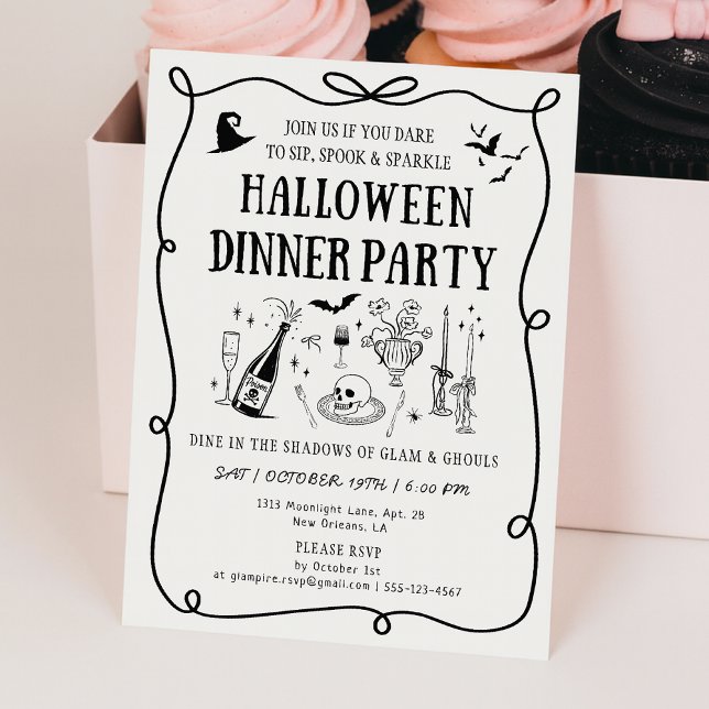 Invitación Cena de Halloween Boos & Bows modernos y blanqueci (Subido por el creador)