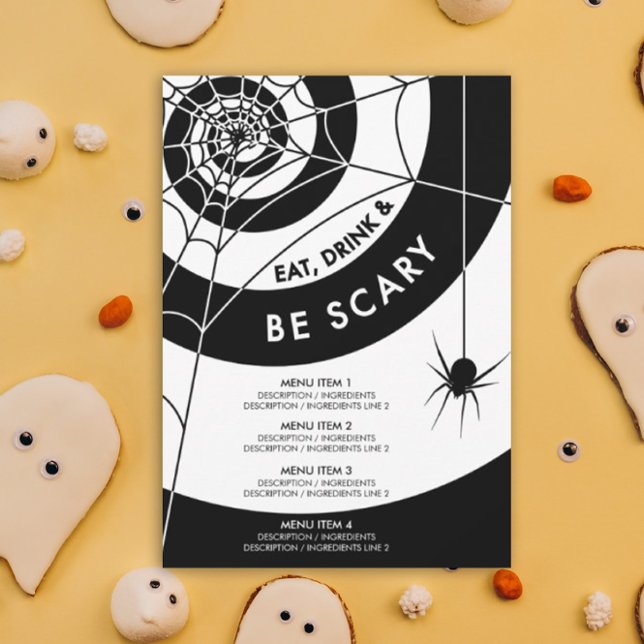 Invitación Cena de Halloween / Menú de bebidas | Blanco y neg (Halloween Eat Drink & Be Scary Party Invitation)