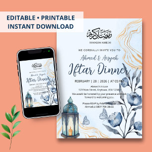 Invitación Cena de Iftar azul floral y dorada en acuarela mod