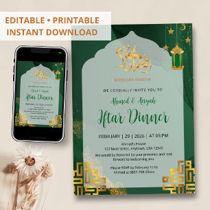 Invitación Cena de Iftar con Acuarela Verde Oscuro Elegante