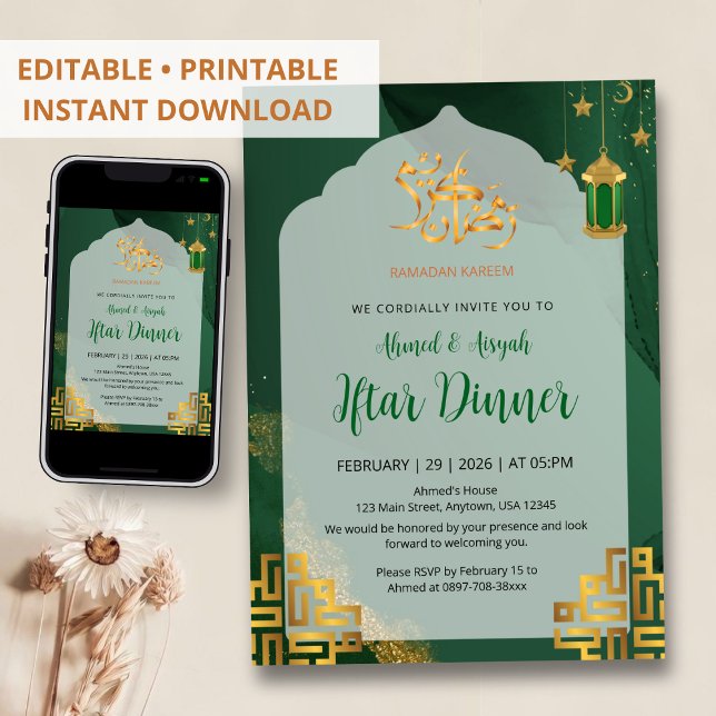 Invitación Cena de Iftar con Acuarela Verde Oscuro Elegante (Subido por el creador)