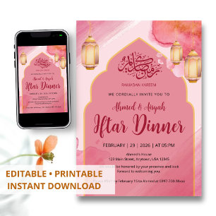 Invitación Cena de Iftar con Arco de Acuarela Rosa y Dorado E