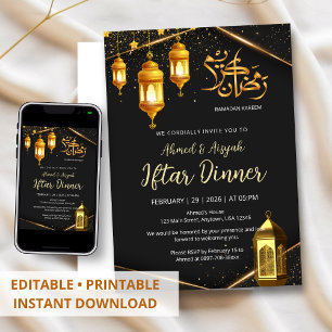 Invitación Cena de Iftar con Linterna Negra y Dorada de Lujo