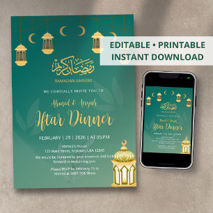 Invitación Cena de Iftar con Linterna Verde y Dorada Elegante