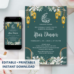 Invitación Cena de Iftar con Patrón Teal Tradicional de Ramad