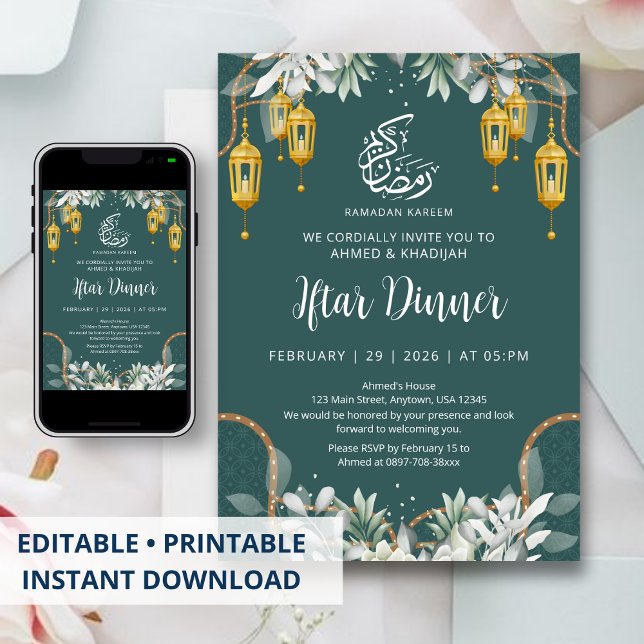 Invitación Cena de Iftar con Patrón Teal Tradicional de Ramad (Subido por el creador)