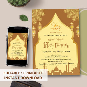 Invitación Cena de Iftar de Arco Islámico Dorado y Marrón de