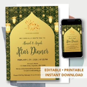Invitación Cena de Iftar de Arco Islámico Dorado y Verde Eleg