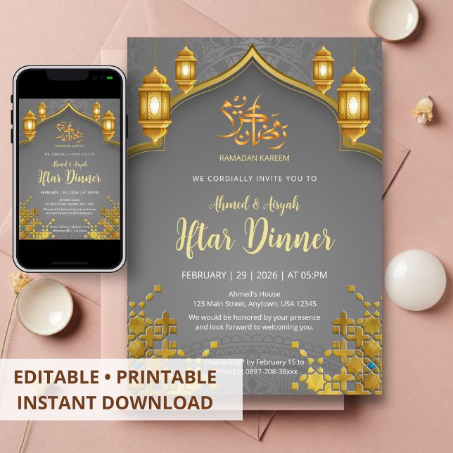 Invitación Cena de Iftar de lujo en oro y gris carbón (Subido por el creador)