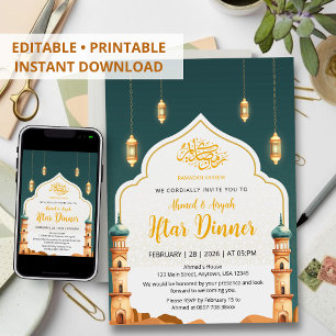 Invitación Cena de Iftar de Minaretes de Mezquita en Acuarela