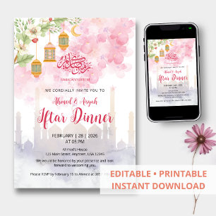 Invitación Cena de Iftar de Ramadán Floral Rosa Acuarela