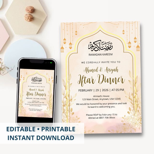 Invitación Cena de Iftar de Ramadán Floral Rosa Suave (Subido por el creador)