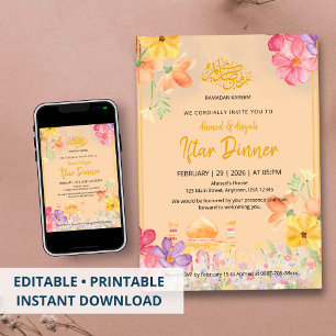 Invitación Cena de Iftar de Ramadan Kareem floral acuarela