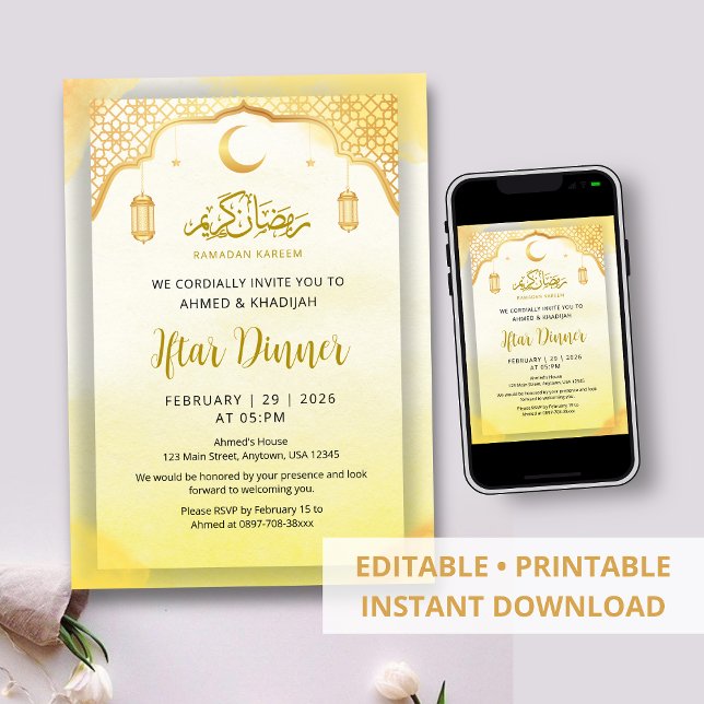 Invitación Cena de Iftar dorada con patrón islámico tradicion (Subido por el creador)