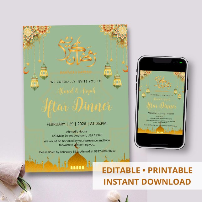 Invitación Cena de Iftar elegante verde y dorada de Ramadán (Subido por el creador)