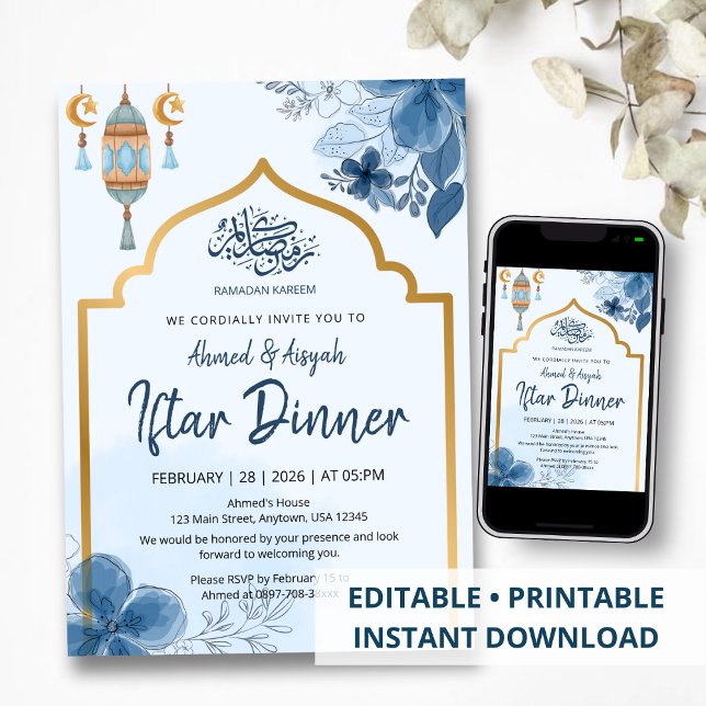 Invitación Cena de Iftar floral con acuarela azul Ramadan (Subido por el creador)