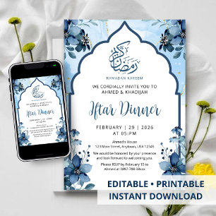 Invitación Cena de Iftar floral de acuarela azul marino de Ra