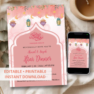 Invitación Cena de Iftar floral elegante en acuarela rosa