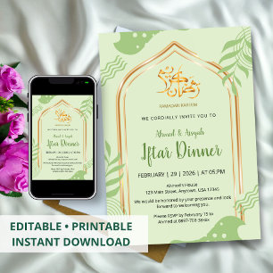 Invitación Cena de Iftar floral elegante en verde y dorado